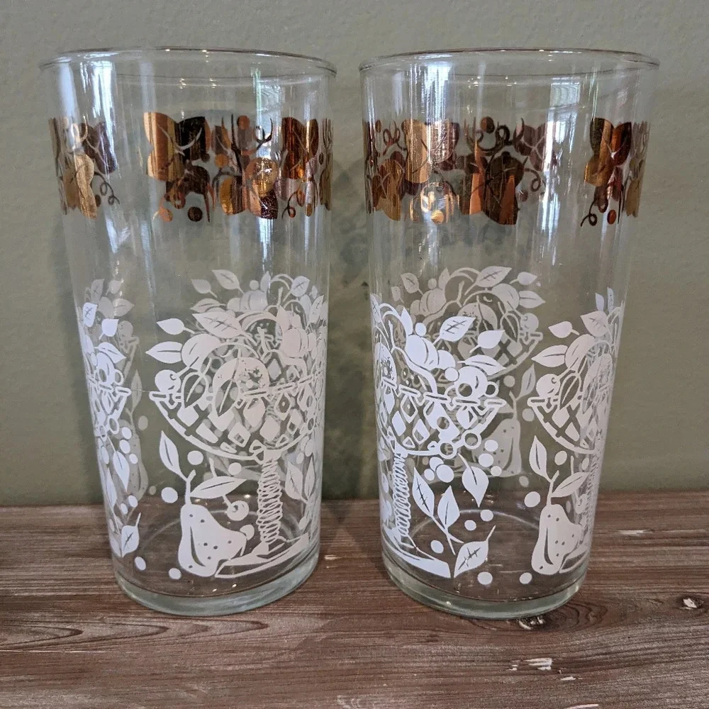 Vintage MCM 2 Hazel Atlas Tumbler Drinking Glasses Gold & White Fruit Basket